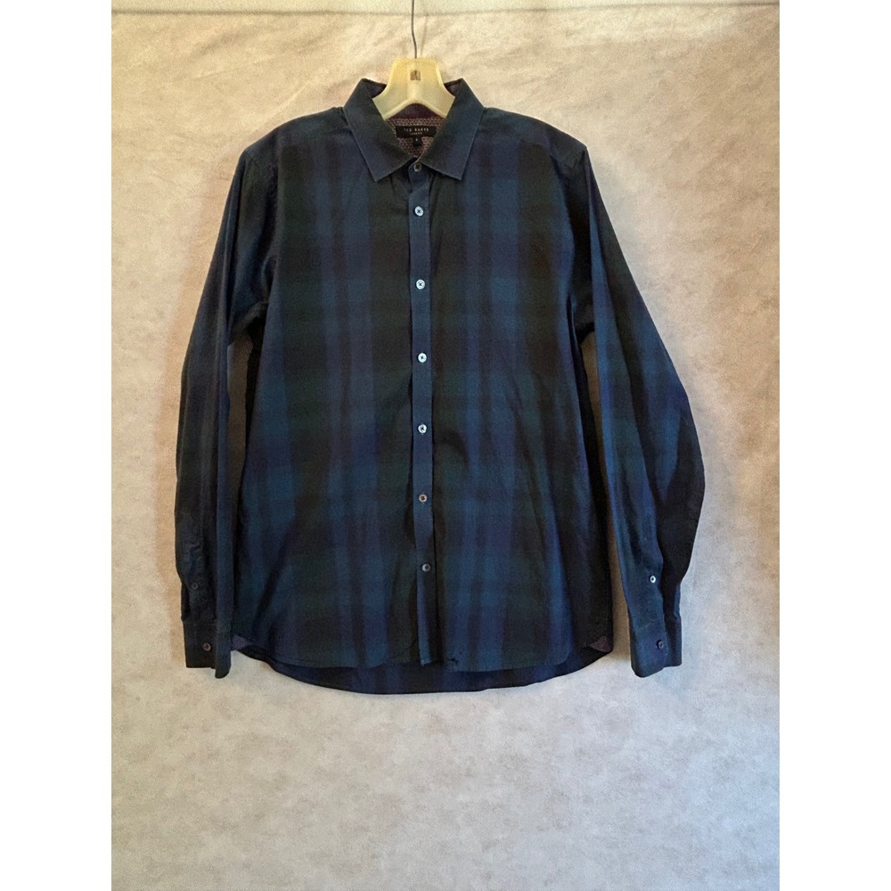 Ted Baker London Mens Plaid Button Down Shirt Navy Green Size 4 L Cotton HEQUET